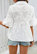 Elegant Ruffle Embroidery Hollow Short Sleeve Art Casual Lapel Shirt