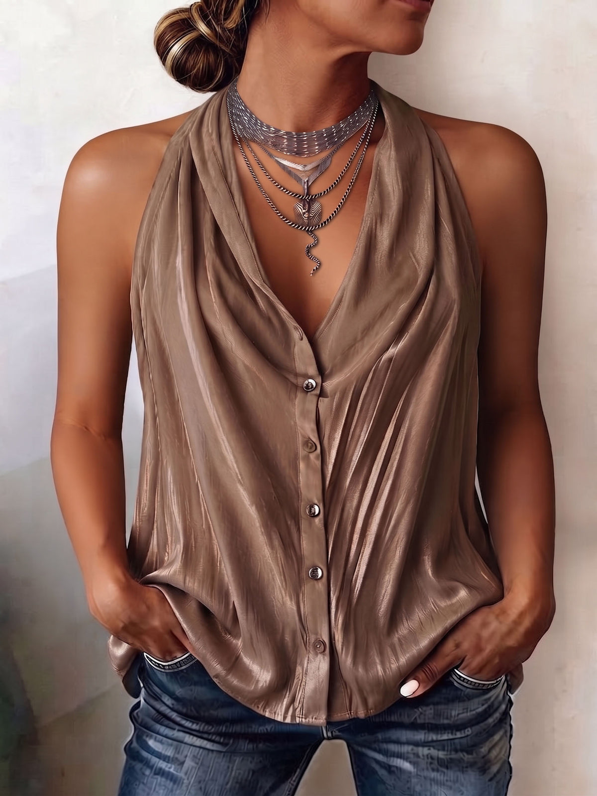 Boho Elegant Halter-neck Satin Sleeveless Shirt