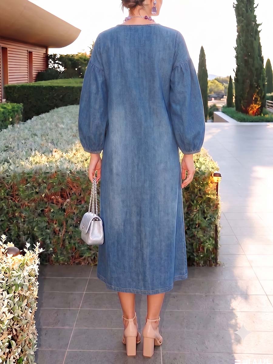 Women's Round Neck Long Sleeve Casual Loose Denim Dress