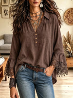Women's Crochet Lace Flared Sleeve Linen Blouse