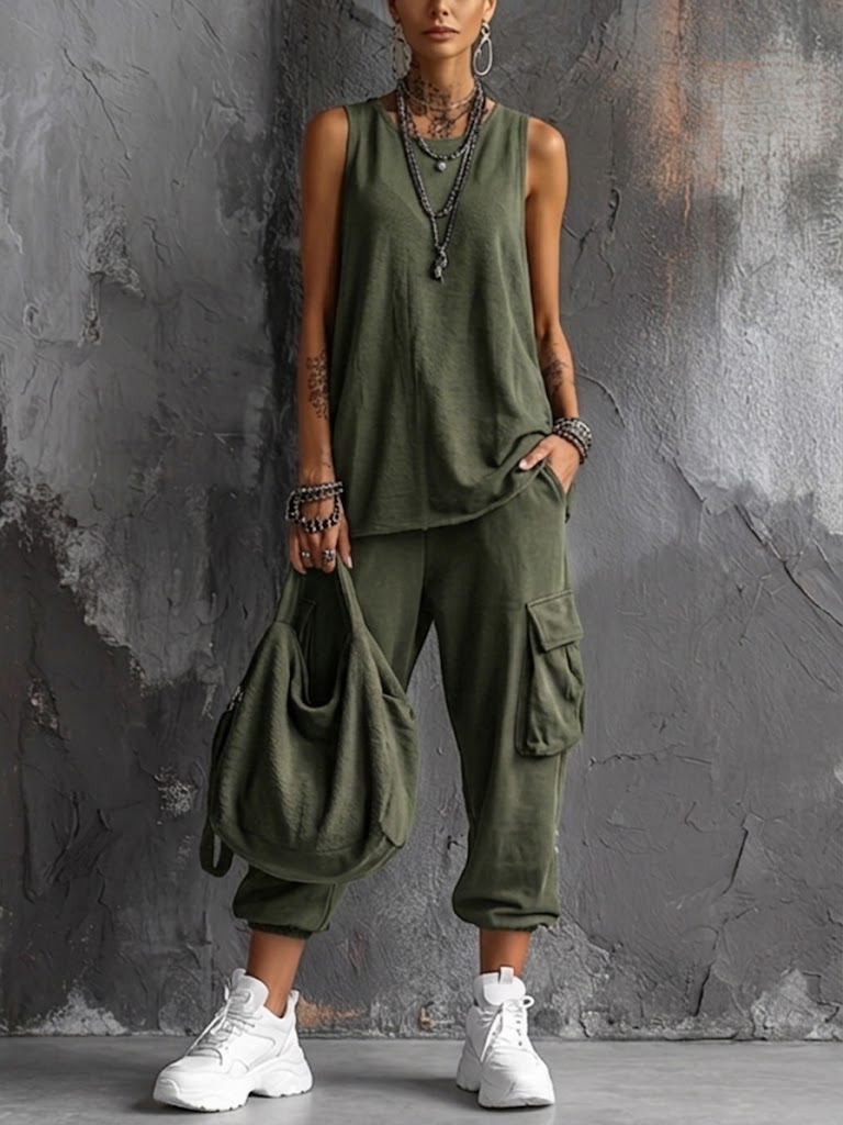 Casual Street-style Sleeveless Cotton T-shirt And Pants Two-piece Set