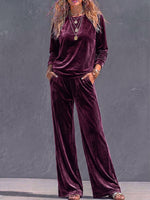 Women's Solid Color Round Neck Long Sleeve Casual Loose Top High Waist Wide Leg Pants Velvet Suit