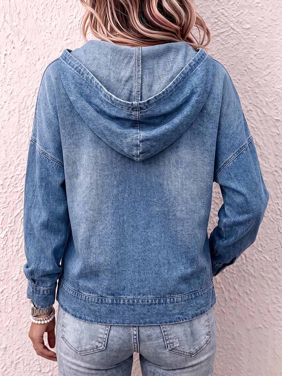 Women's V-neck Long-sleeved Casual Loose Hooded Denim Pullover