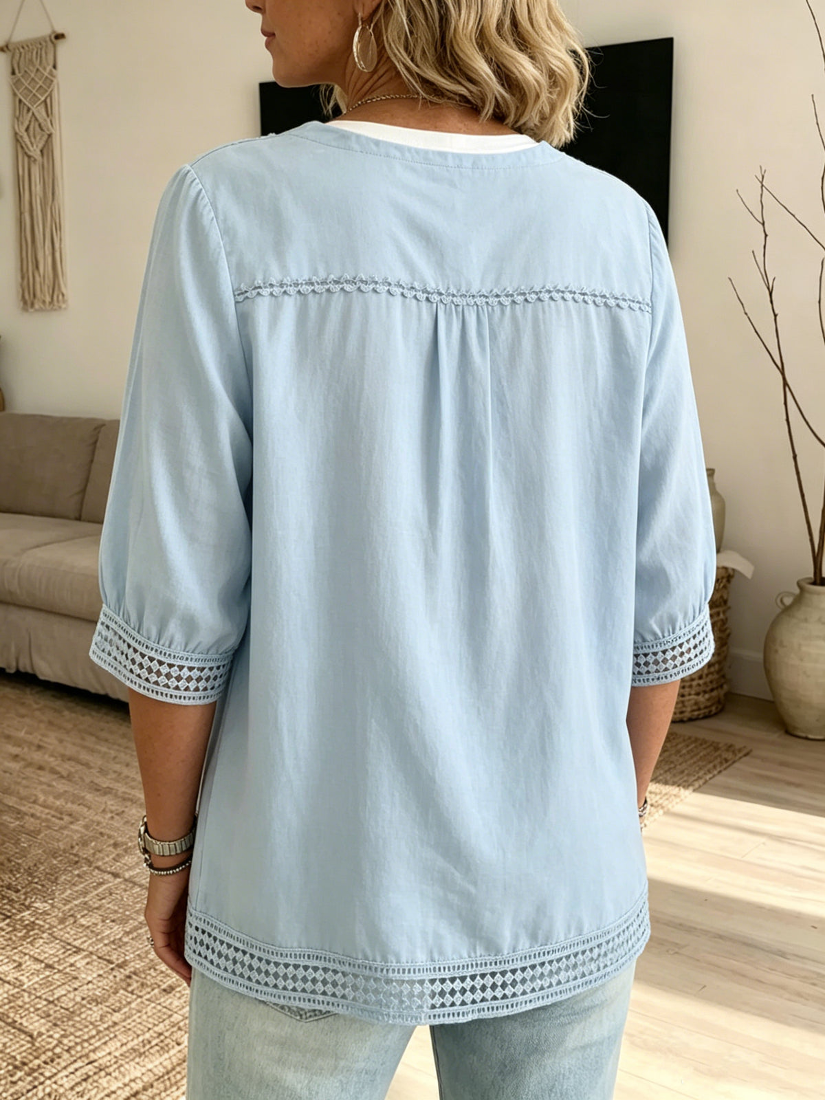 Women's Casual Three-quarter Sleeve V-neck Lace Cotton Linen Cardigan Shirt