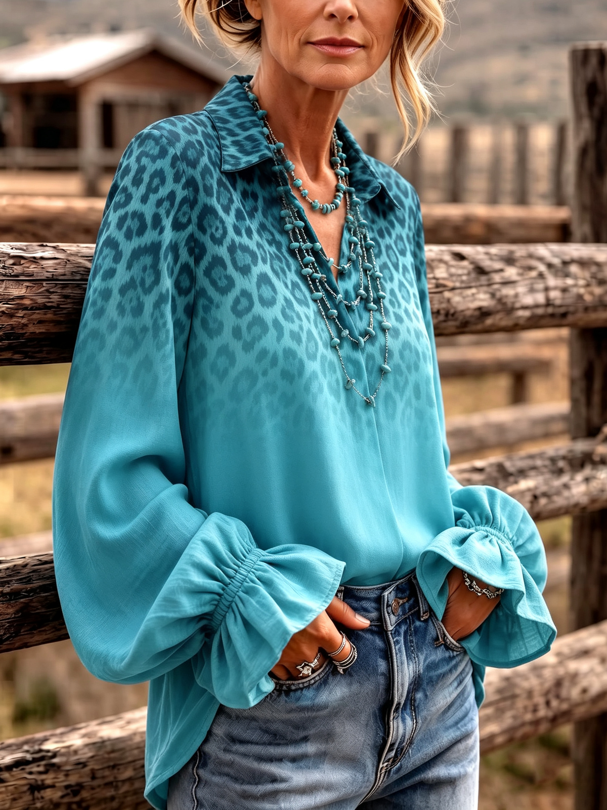 Bohemian-chic Gradient Leopard Print Ruffle Blouse With Bell Sleeves