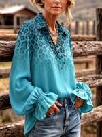 Bohemian-chic Gradient Leopard Print Ruffle Blouse With Bell Sleeves