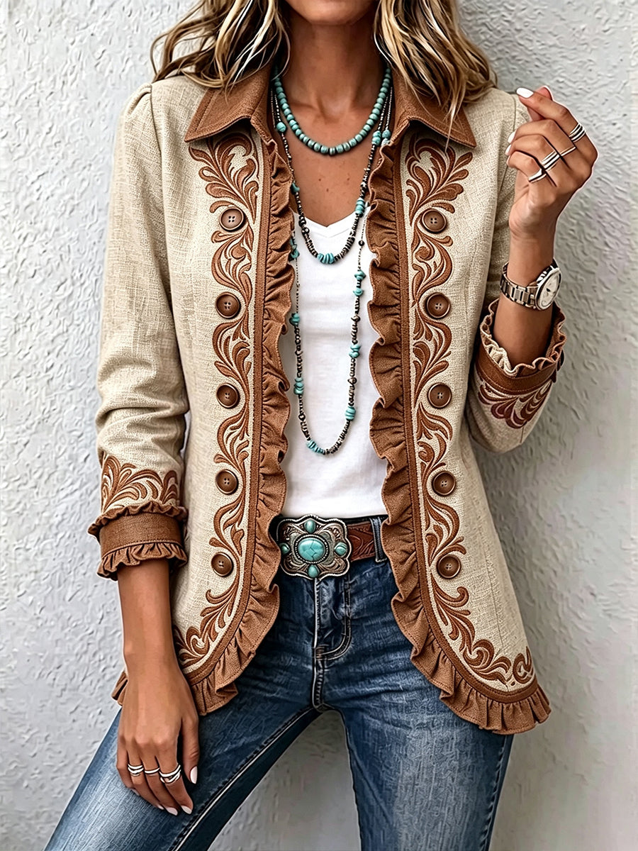 Vintage-style Bohemian Floral Print Ruffled Linen-cotton Jacket