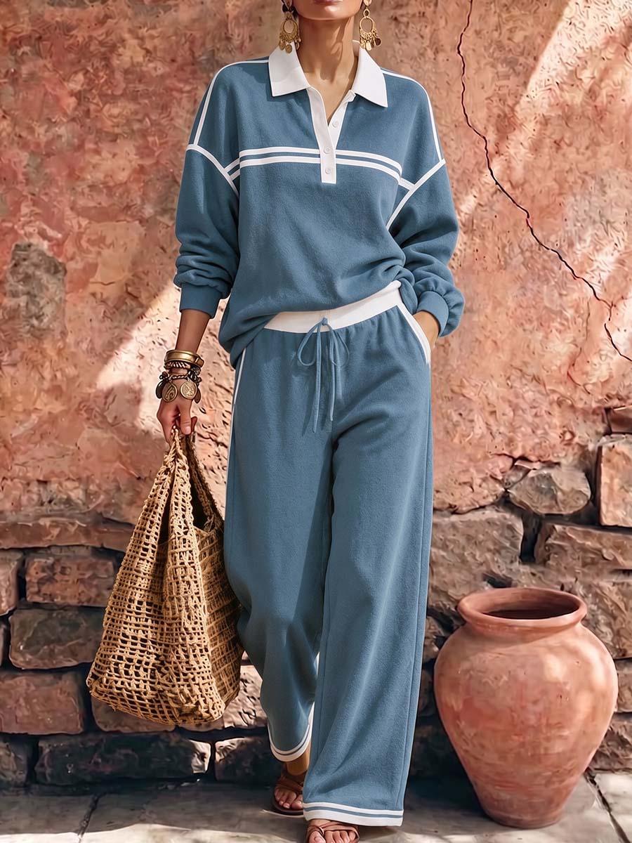 Women's Collared Long-sleeved Casual Loose Pullover Top And High-waisted Wide-leg Pants Suit