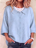 Women's Solid Color Peter Pan Collar 3/4 Sleeve Casual Loose Knit Cardigan