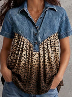 Women's Short-sleeve Shirt With Denim Paneling And Gradient Leopard Print