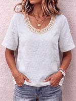 Women's Solid Color Round Neck Short-sleeved Cotton And Linen Top With Lace Trim