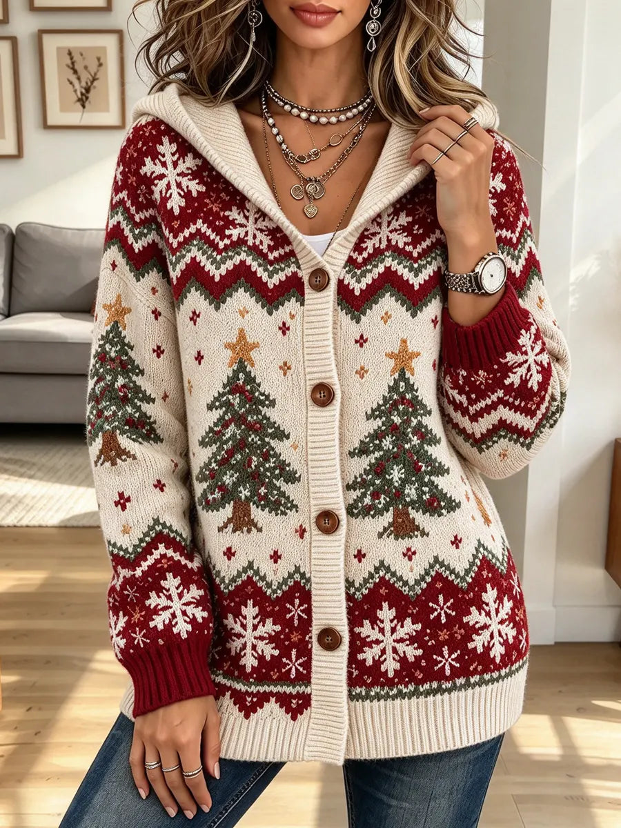 Retro Christmas Pattern Art Print Casual Stylish Long Sleeve Hooded Knit Coat