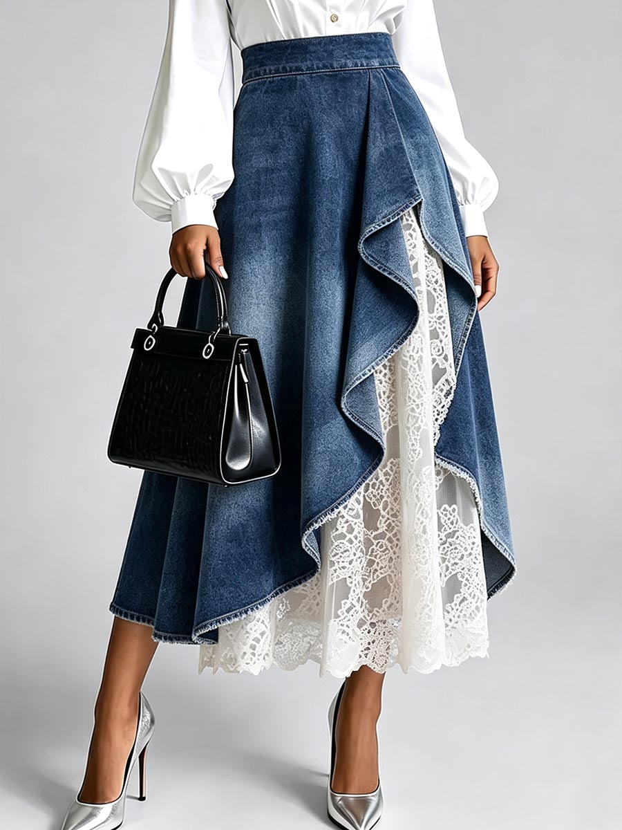 Women's High-waisted Casual Loose Denim Patchwork Lace Midi Skirt
