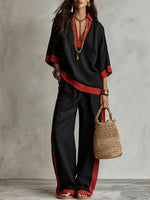 Contrast Trim Linen V-Neck Top & Striped Wide-Leg Pants Two-Piece Set