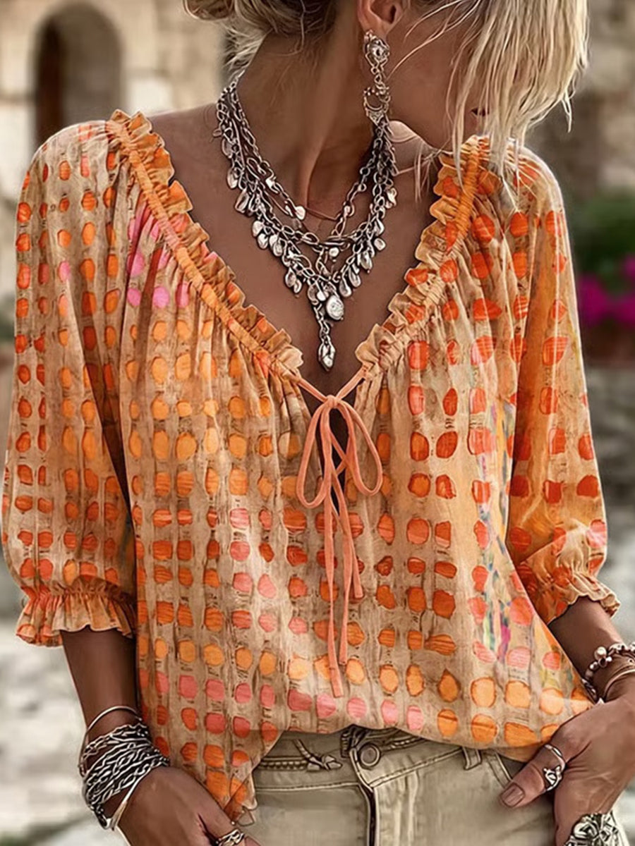 Comfortable Retro-style Polka-dot Print Cotton-blend Top With Ruffled V-neck