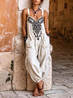 Women's V-neck Sleeveless Wide-leg Jumpsuit — Casual, Loose-fit Cotton-linen Blend With Placement Print