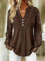 Romantic Mixed-Media Lace Blouse – Button-Front V-Neck & Sheer Crochet Sleeves