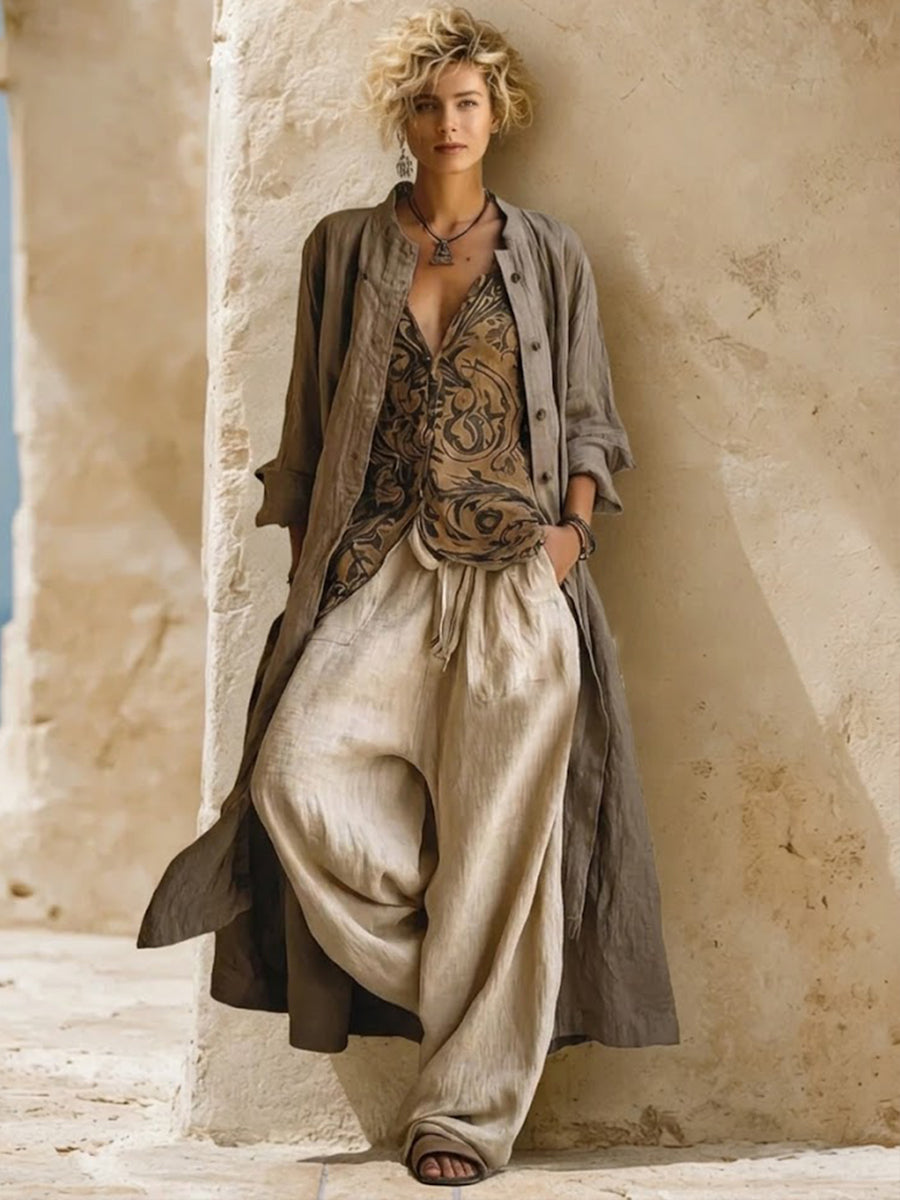 Casual Bohemian Linen And Cotton Long Cardigan And Sleeveless Top And Pants Three-piece Set