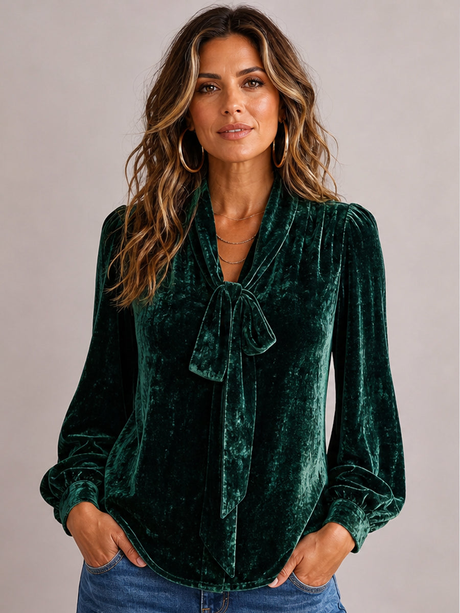 Chic V-neck Bow-tie Emerald Green Crushed Velvet Blouse With Puff Sleeves