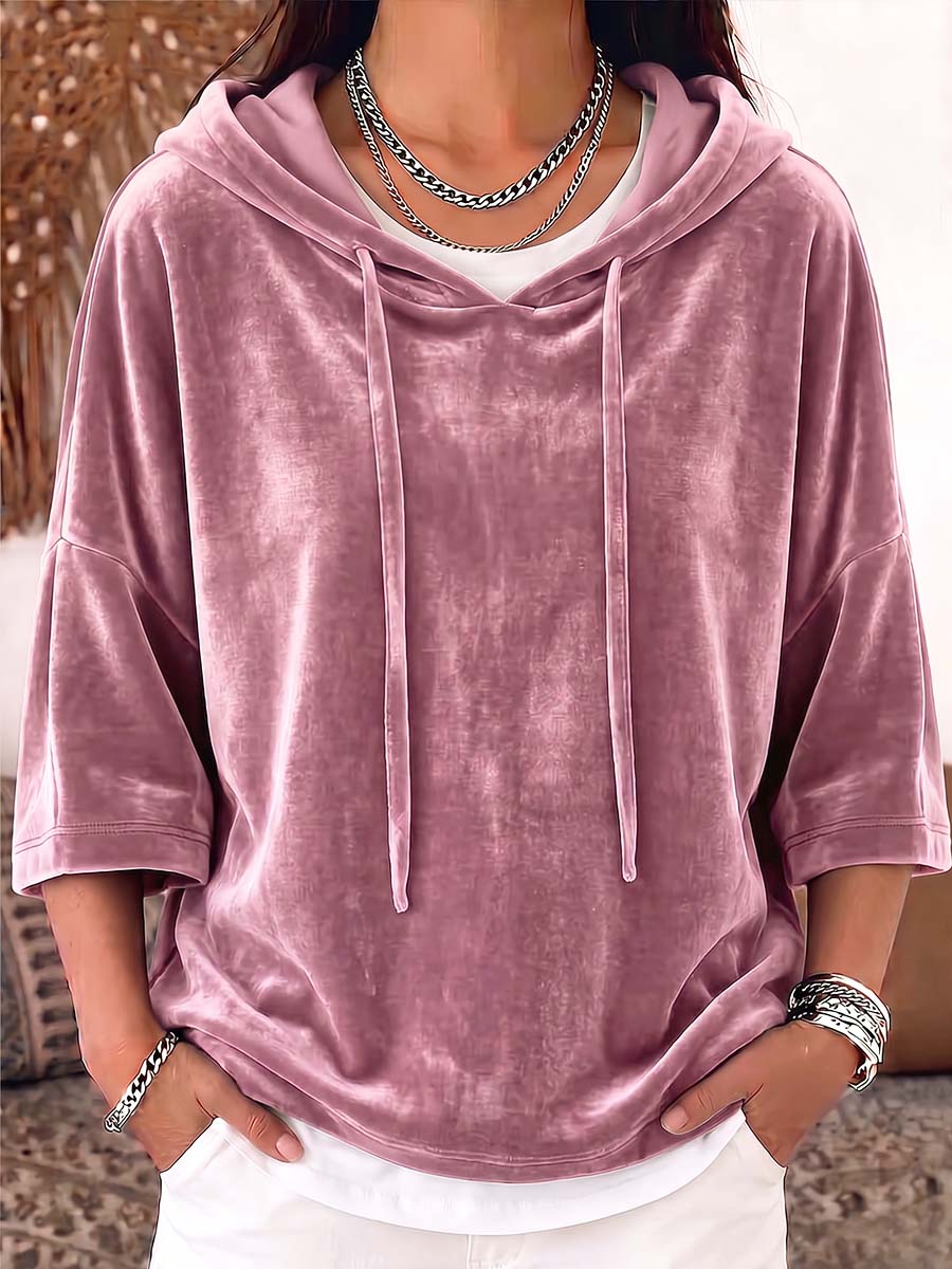 Women's Solid Color 3/4 Sleeve Casual Loose Velvet Hooded Top