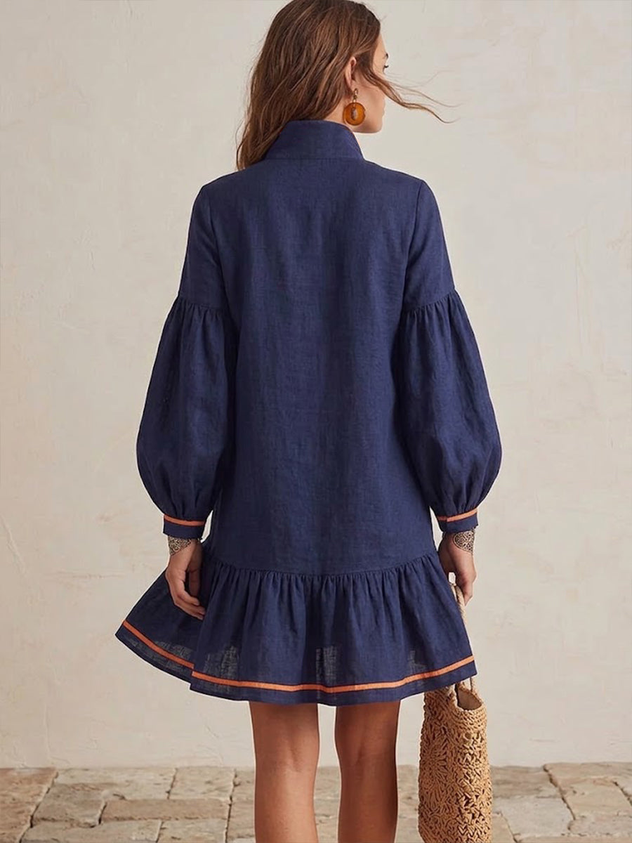 Casual Half-zip Linen-cotton Dress With Contrast Piping