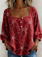 Vintage Floral Print Square Neck Puff Sleeve Blouse