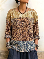 Women's Sparkly Sequin Shoulder Leopard Print Blouse - Boho Relaxed Long Sleeve Tunic Top
