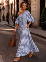 Elegant Chic One-shoulder Striped Maxi Dress