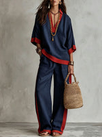 Contrast Trim Linen V-Neck Top & Striped Wide-Leg Pants Two-Piece Set