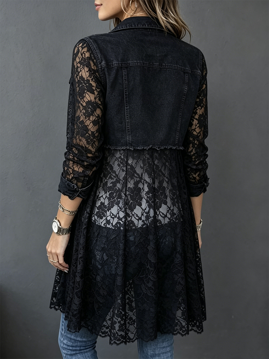 Washed Denim Lapel Dual Chest Pocket Long Sleeve Splice Hollow Lace Mid-length Cardigan Coat