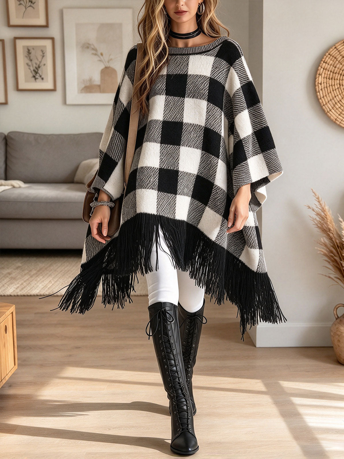 Women's Buffalo Plaid Fringe Poncho, Loose Oversized Check Knit Cape Wrap for Fall Winter