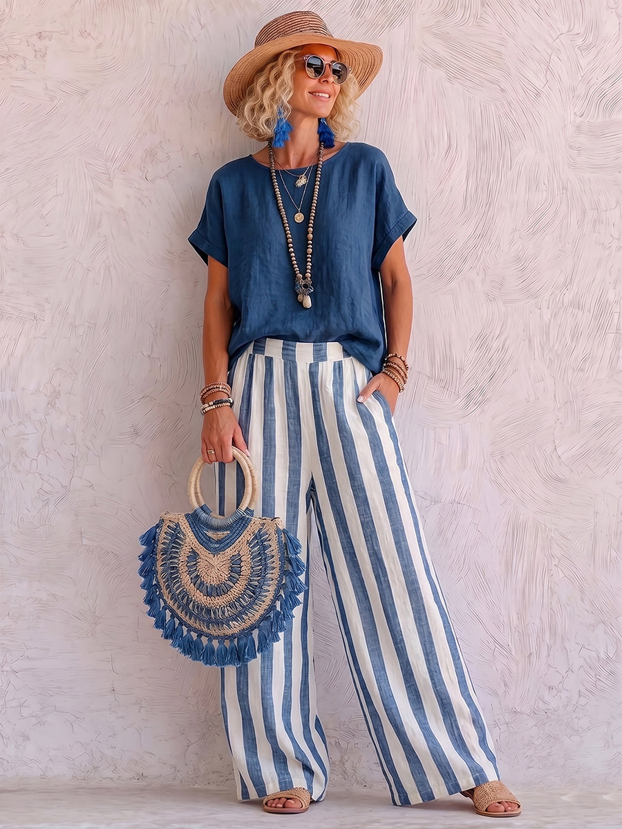 Cozy Loose-fit Striped Cotton-linen Two-piece Set
