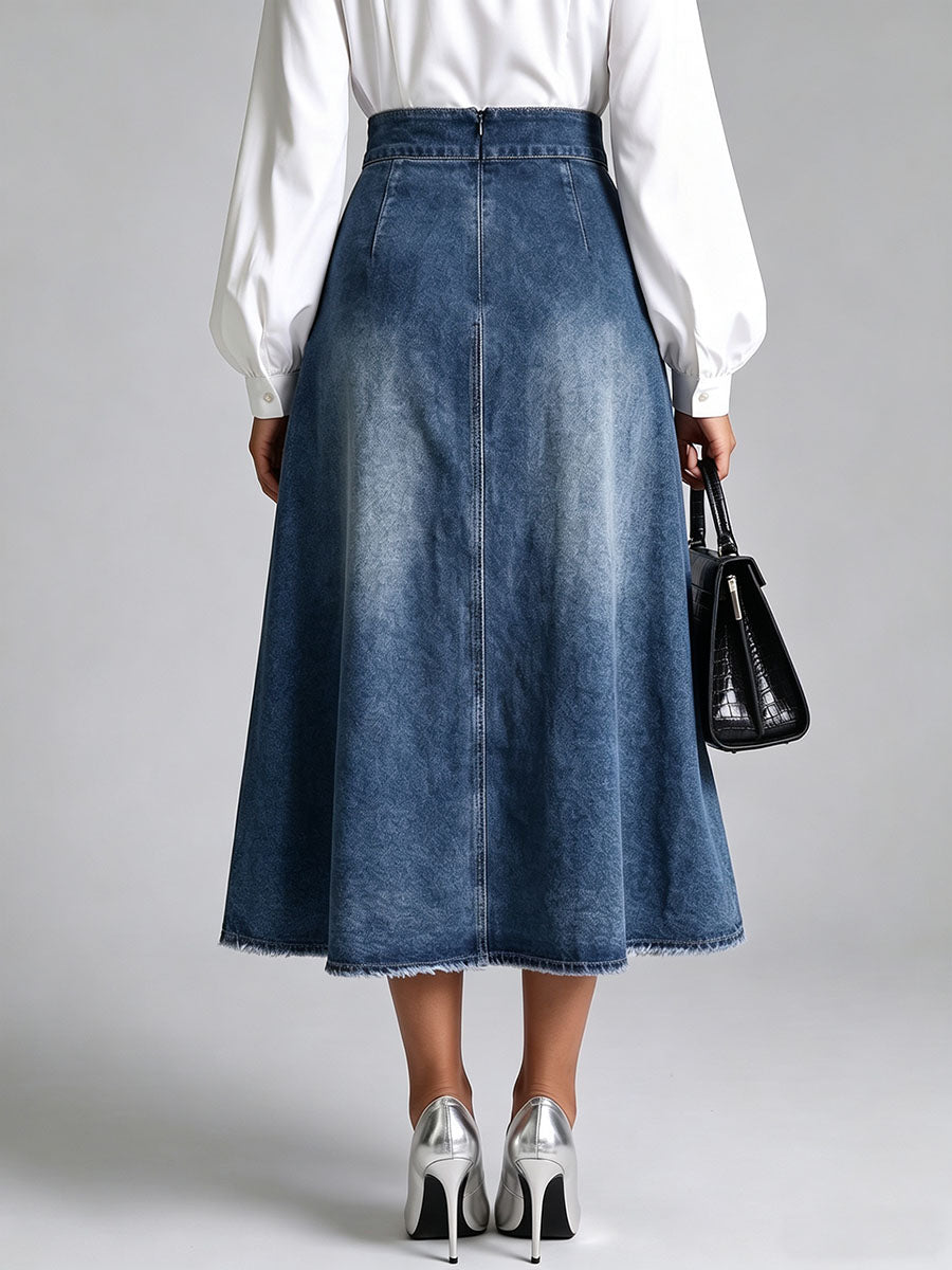 Women's High-waisted Casual Loose Denim Patchwork Lace Midi Skirt