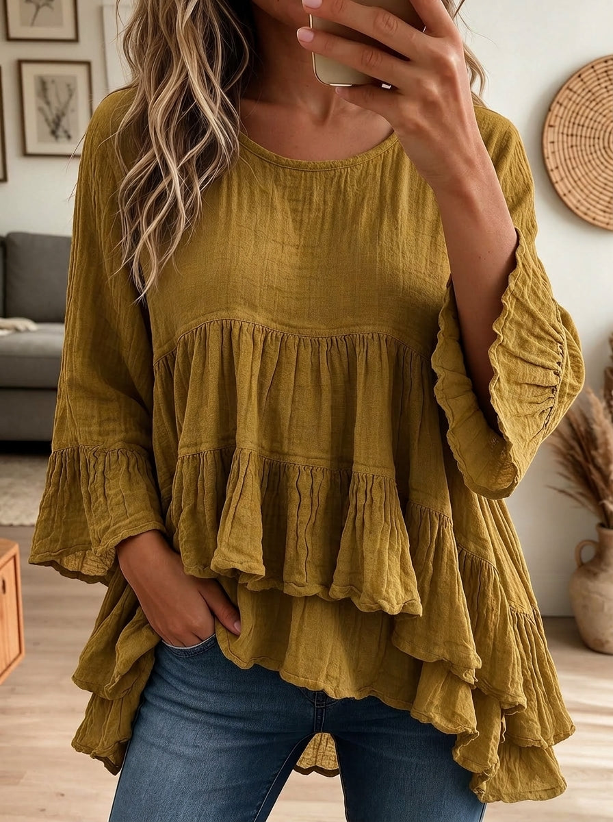 Women Blue Cotton Linen Tiered Ruffle Bell Sleeve Loose Babydoll Blouse