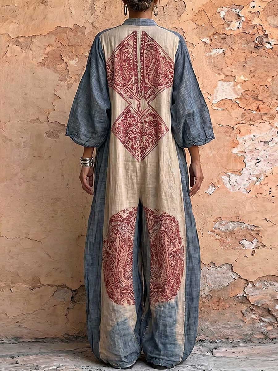 Women's Vintage Print V-neck 3/4-sleeve Cotton-linen Jumpsuit