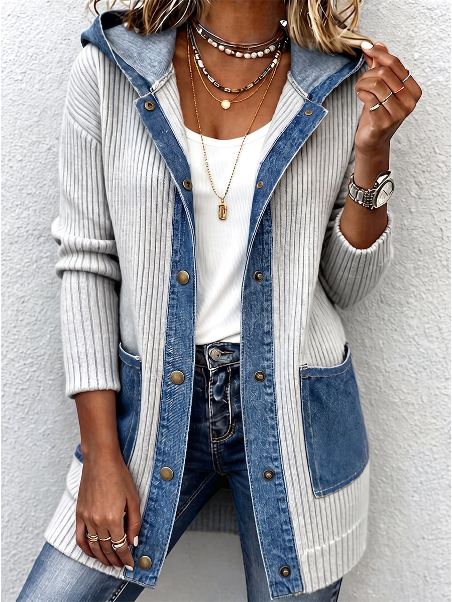 Casual Denim Panel Ribbed Knit Hooded Cardigan