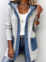 Casual Denim Panel Ribbed Knit Hooded Cardigan