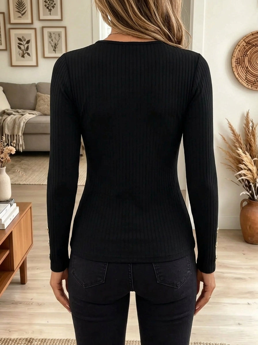 Women's Crisscross Cutout Button-Cuff Ribbed Top