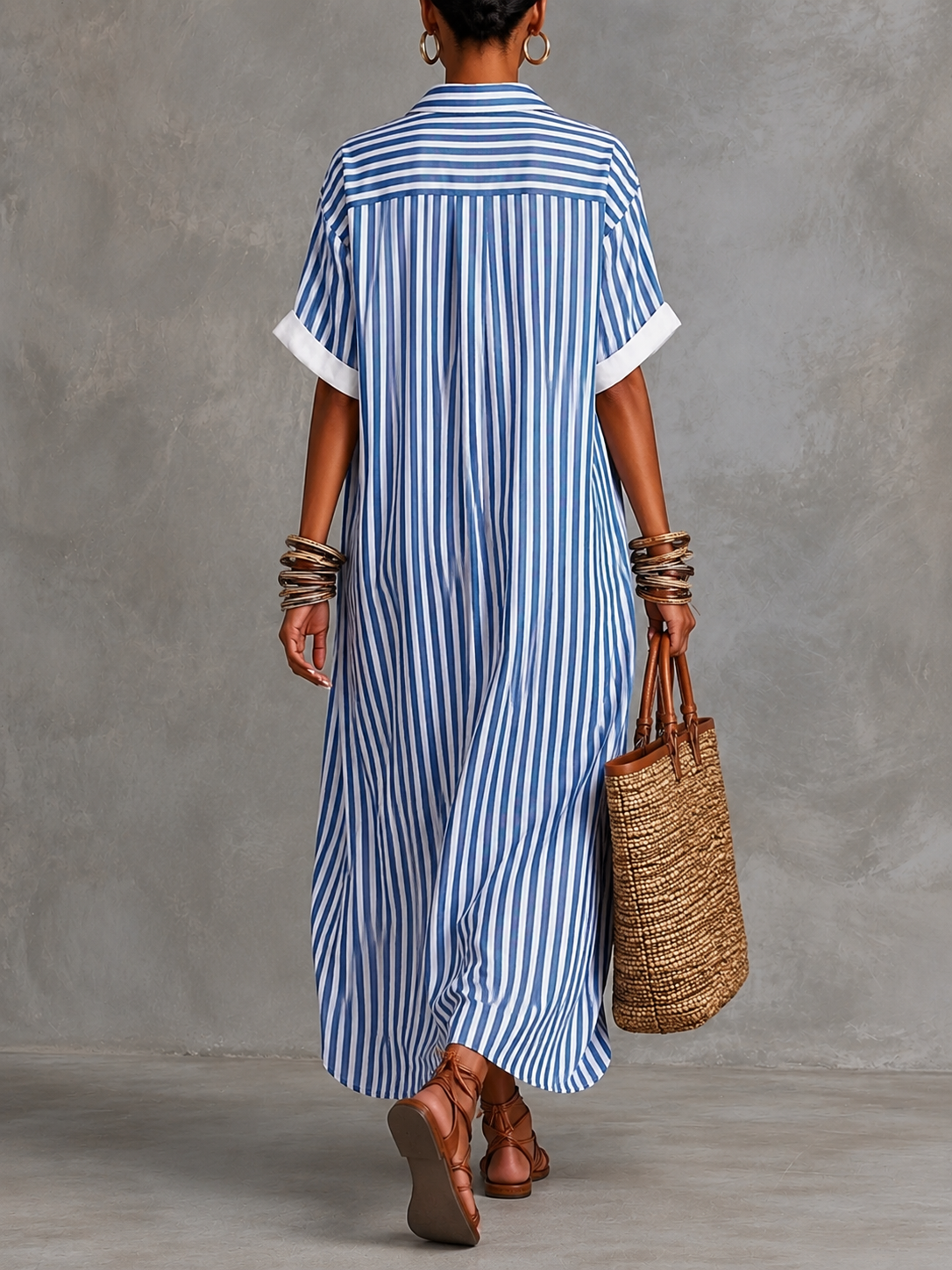 Casual Striped Linen-cotton Blend Shirt Dress With Panel Detailing