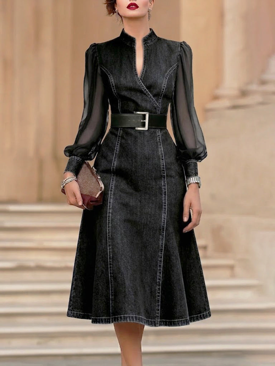 Stylish Denim Dress With Organza Sleeve Panels.