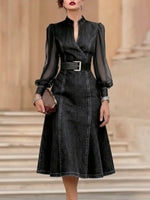 Stylish Denim Dress With Organza Sleeve Panels.