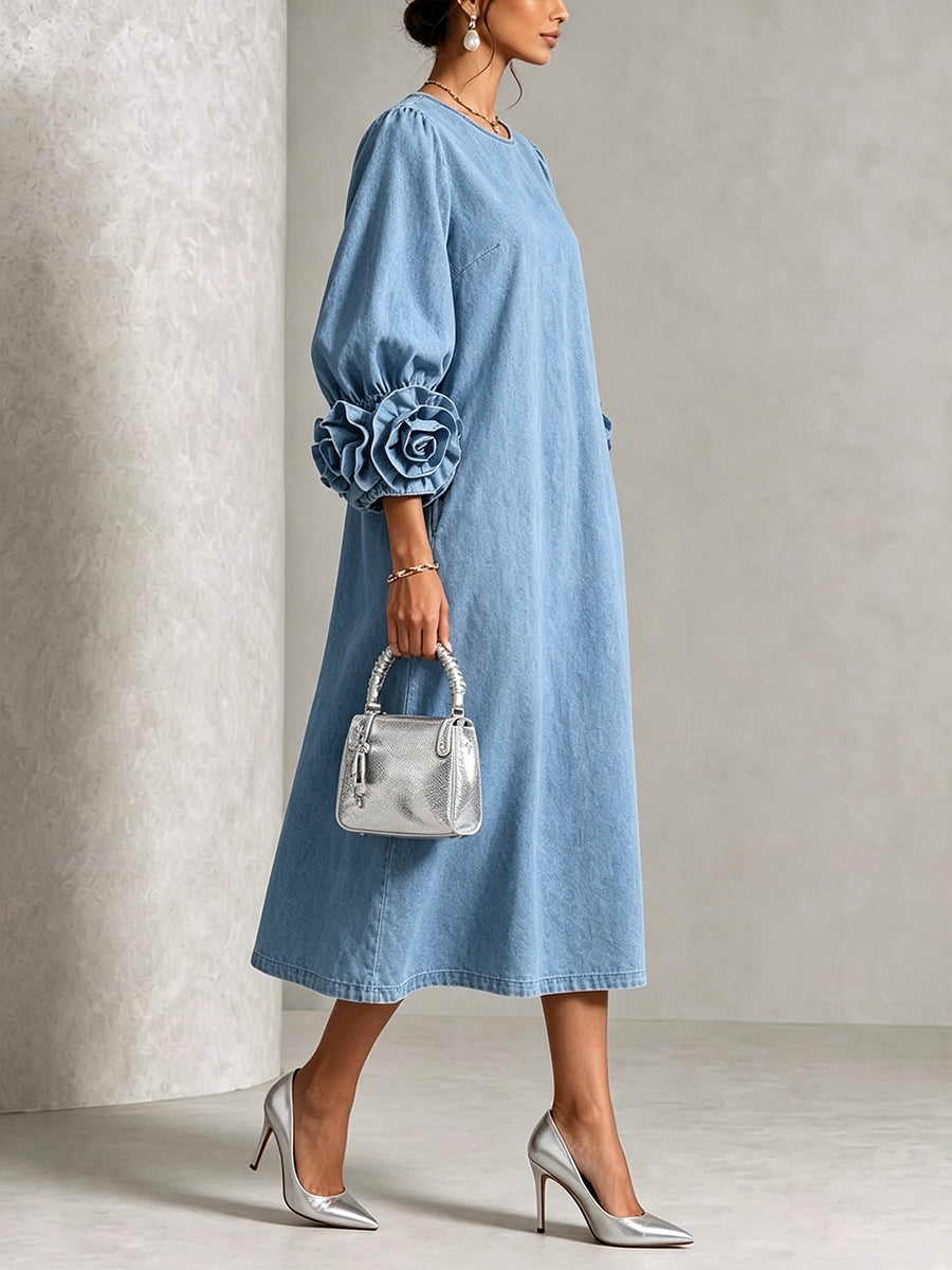Chic Chambray Denim 3D Rosette Sleeve Midi Dress