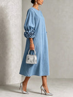 Chic Chambray Denim 3D Rosette Sleeve Midi Dress