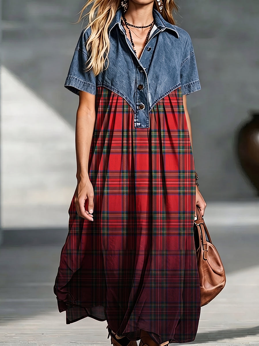 Vintage Denim Spliced Plaid Flowing Maxi Dress