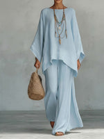 Women's Cozy, Loose-fitting Linen And Cotton Top And Wide-leg Pants Two-piece Set.