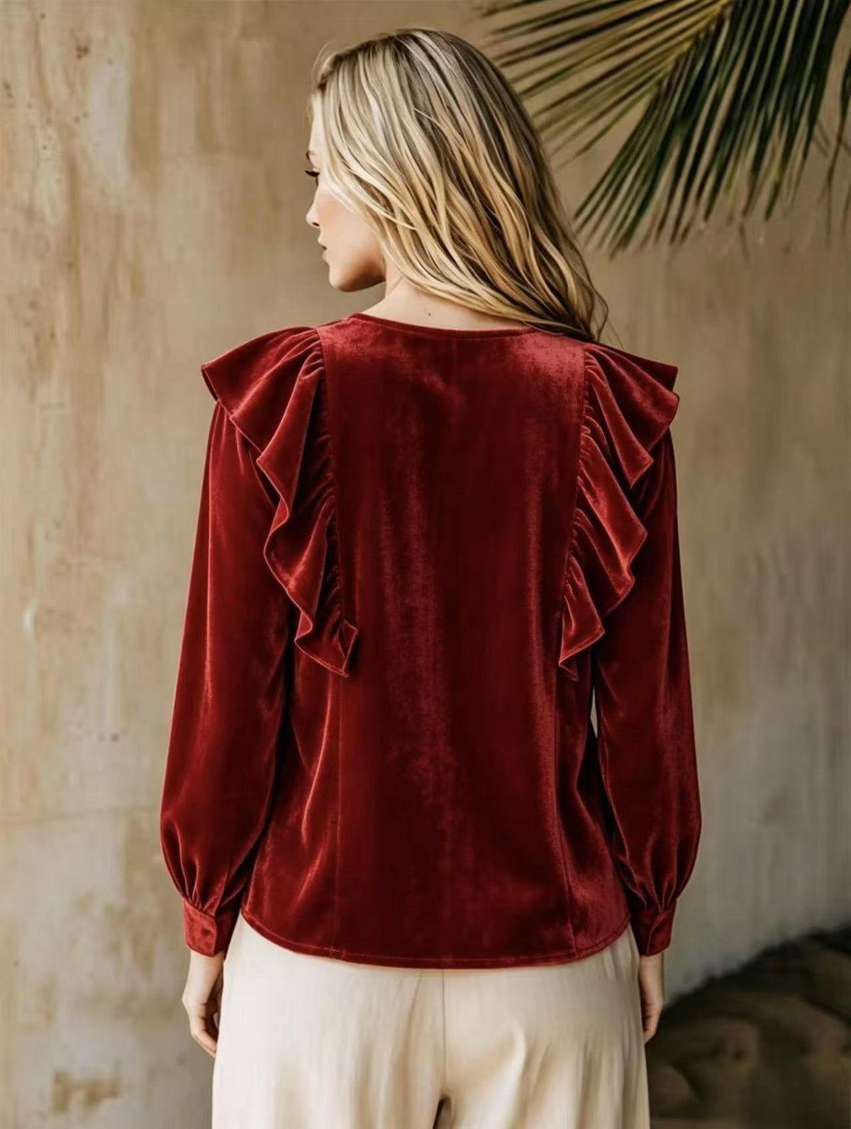 Cozy, Relaxed-fit Ruffled V-neck Velvet Top
