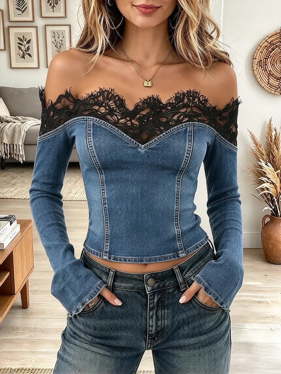 Women's Off Shoulder Denim Crop Top