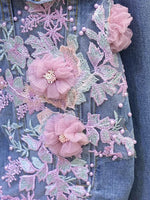 Romantic 3D Floral Applique Pearl Denim Jacket