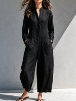 Casual Linen-cotton Button-front Jumpsuit