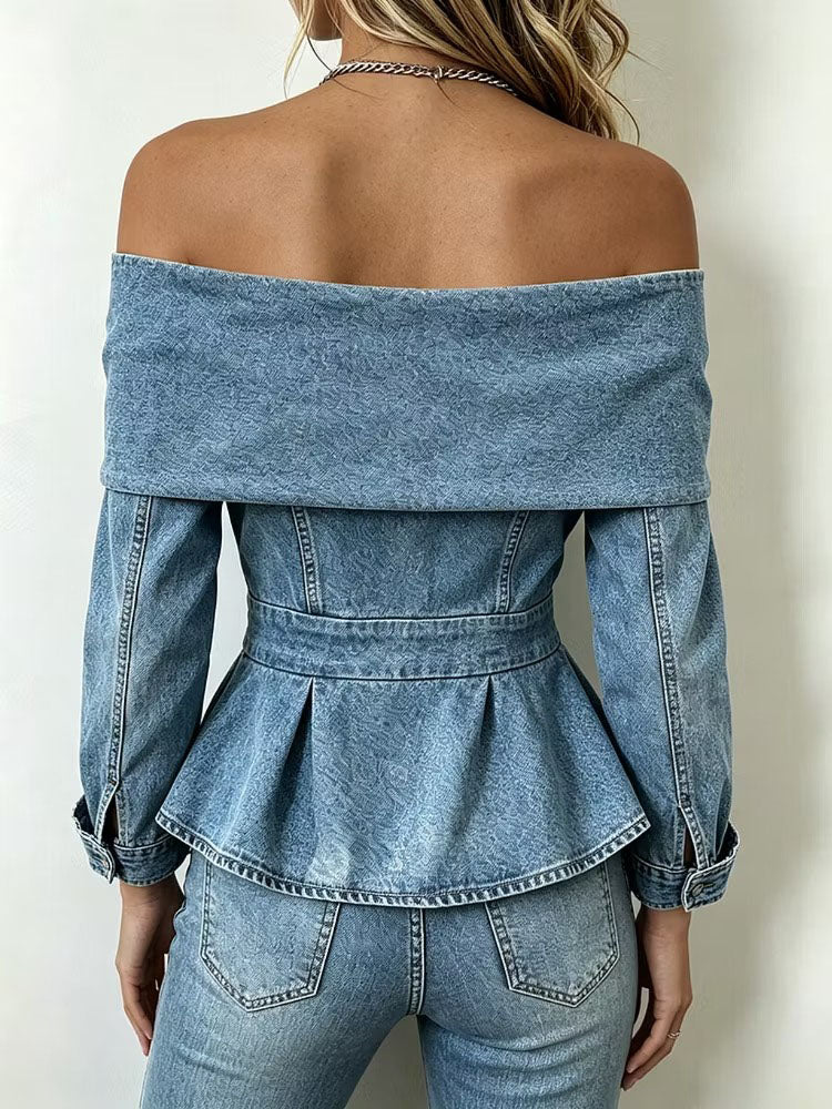 Chic Off-shoulder Denim Peplum Top